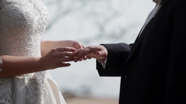 Narzeczeni wymiany obrączek ślubnych — Wideo stockowe