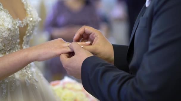 Cerimônia de casamento, lindo casal troca alianças de casamento — Vídeo de Stock