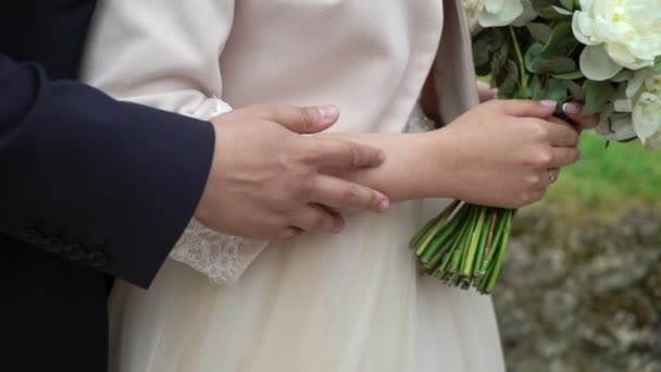 Bella coppia sposa e sposo tenendosi per mano — Video Stock