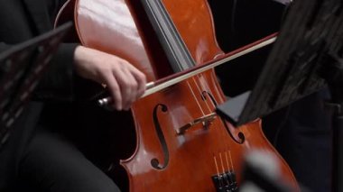 Bir müzisyenin el becerisiyle çello çalarken, zarif selamlama tekniklerini sergilediği yakın plan bir fotoğraf.