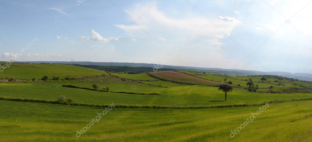 landscape with a vast prairie is a beautiful blue sky 