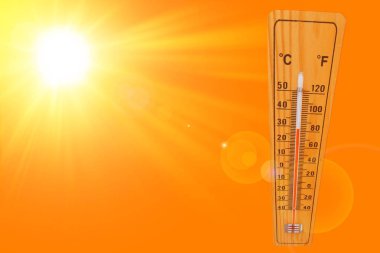 Sunny summer background with the thermometer marking a temperature over 40 degrees and bright sun on an orange background clipart