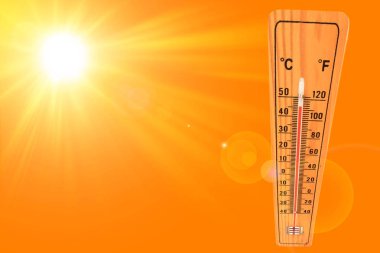 Sunny summer background with the thermometer marking a temperature over 45 degrees and bright sun on an orange background clipart