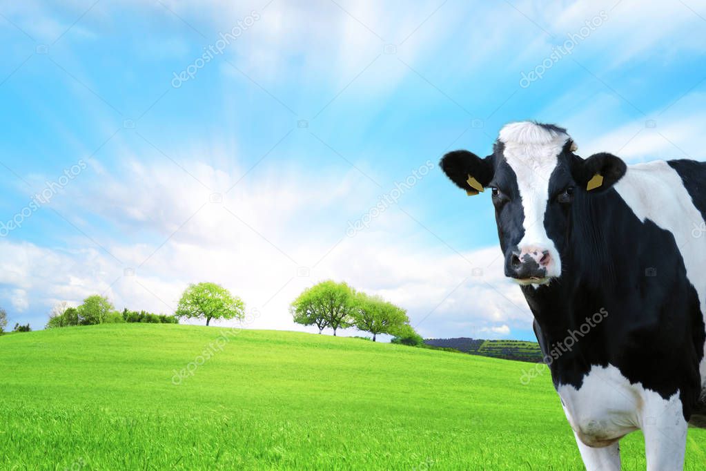 Dairy cow in the foreground with green pasture as a background