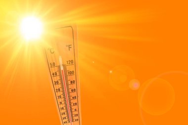 Sıcak yaz güneşini temsil eden turuncu çizimler ve 45 derece sıcaklığa işaret eden çevresel termometre.
