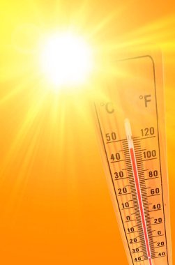 Sıcak yaz güneşini temsil eden turuncu çizimler ve 45 derece sıcaklığa işaret eden çevresel termometre.