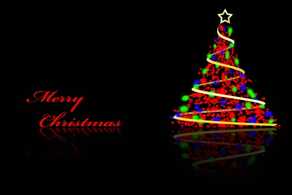 Stylized Christmas Tree Red Lights Black Background Merry Christmas Lettering — ストック写真