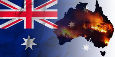 Avustralya silueti yangınları temsil ediyor. Avustralya bayrağı, çevre felaketi, orman yangını..