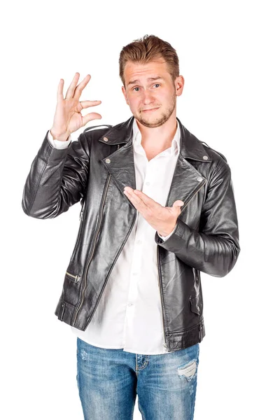 Portret van de jonge man in zwarte evenmin jas geïsoleerd op een witte — Stockfoto