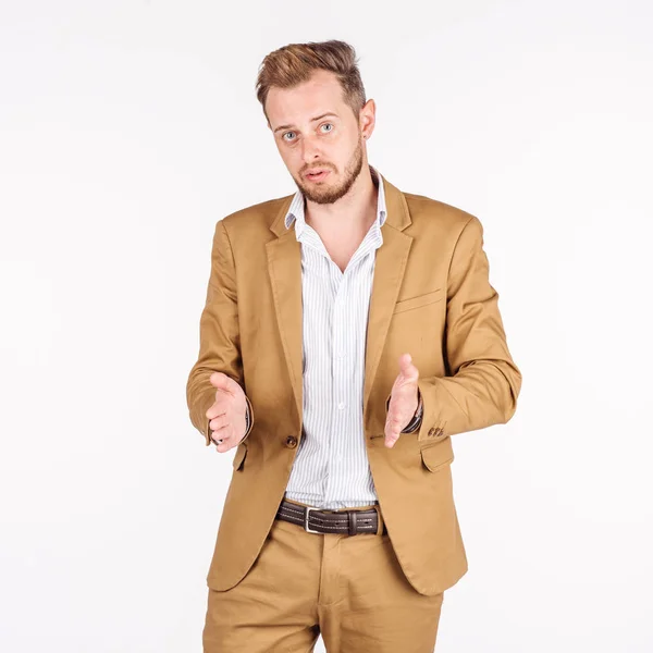 Homme Tenant Deux Mains Devant Lui Montre Taille Concept Émotion — Photo