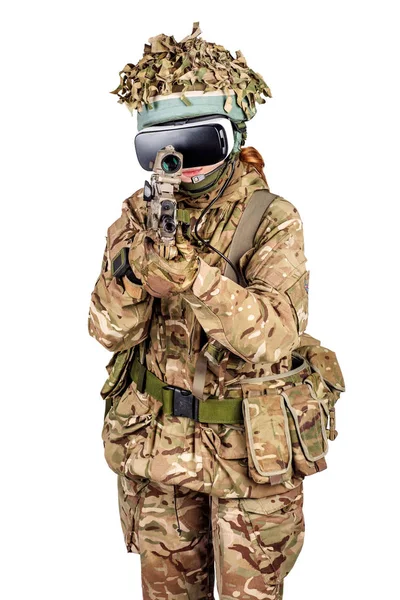 Soldat utiliser des lunettes VR pour l'entraînement de simulation de combat. guerre, ar — Photo