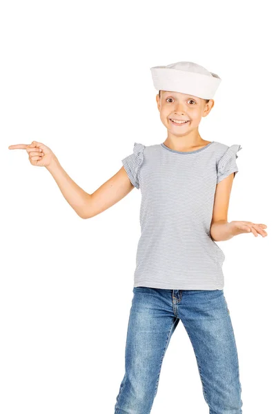 Cute Little Girl Ubrany Kostium Marynarza Patrząc Aparat Białym Tle — Zdjęcie stockowe