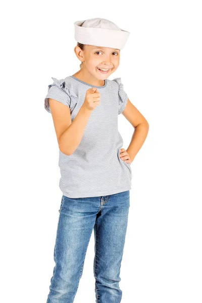 Linda Niña Con Traje Marinero Mirando Cámara Fondo Blanco — Foto de Stock