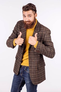 USinessman kameraya bakıp parmağını kaldırırken Stan...