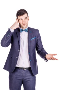 tapınak karşı parmağıyla gesturing işadamı soran vardır 