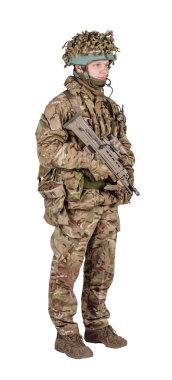 set image of modern british soldier with rifle on white backgrou clipart