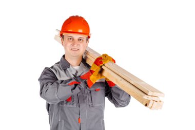 ahşap panoları tutan ve kamera ov bakarak bir kask oluşturucu