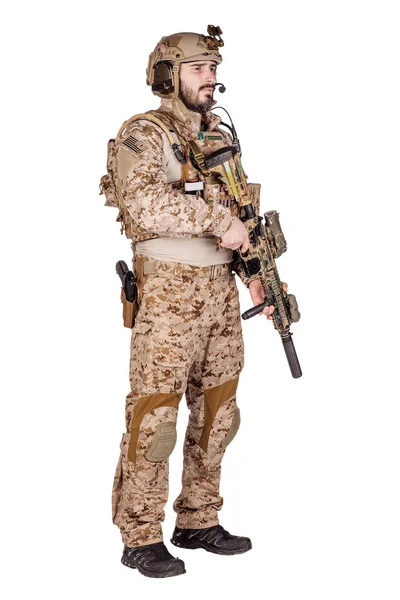 Special forces soldier with rifle on white background. army, military and people concept — Stock Photo, Image