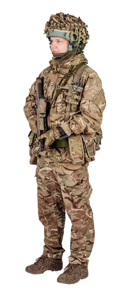 Nastavit obraz moderního britského vojáka s puškou na bílém backgrou — Stock fotografie