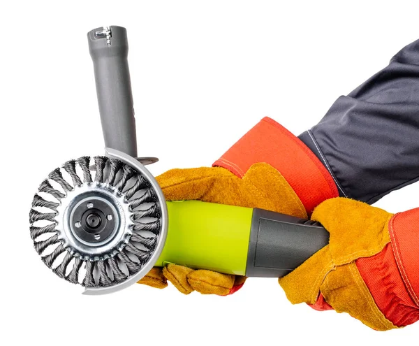 Angle grinder in hands  on white background — Stock Photo, Image