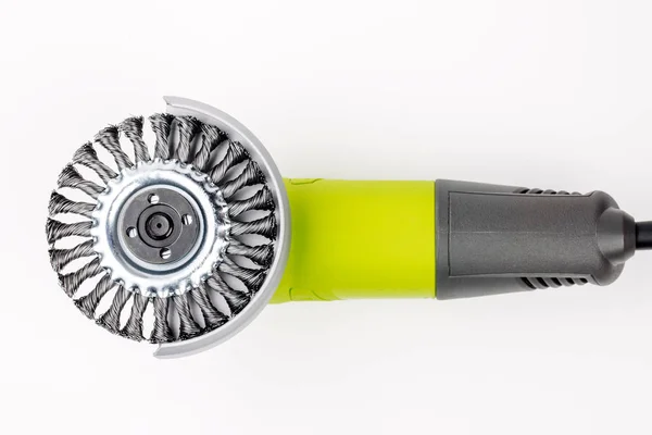 Angle grinder with metal brush on white background — Stock Photo, Image