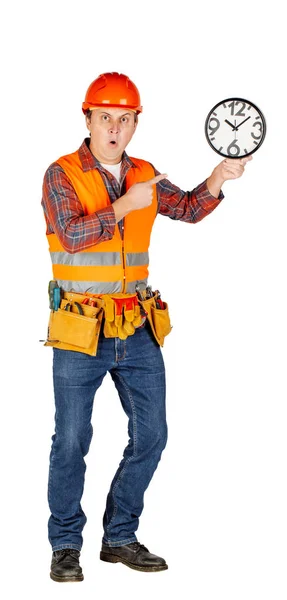 Retrato de longitud completa de un constructor masculino en un agujero casco grande cl — Foto de Stock