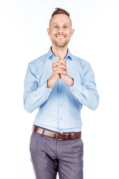 Hombre en un fondo de estudio blanco. concepto de emociones y personas . — Foto de Stock