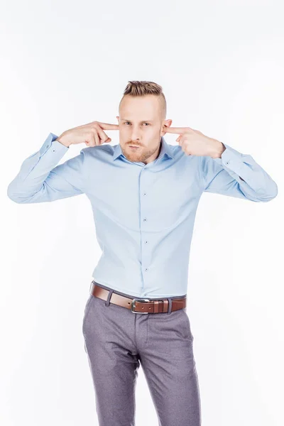 Hombre en un fondo de estudio blanco.. emociones y concepto de la gente . — Foto de Stock