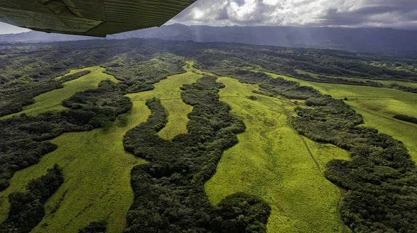 Letecký pohled na interiér Kaui, Hawaii, USA nedaleko Lihue s bujnými zelenými loukami, tropickými lesy a křídlem letadla — Stock fotografie