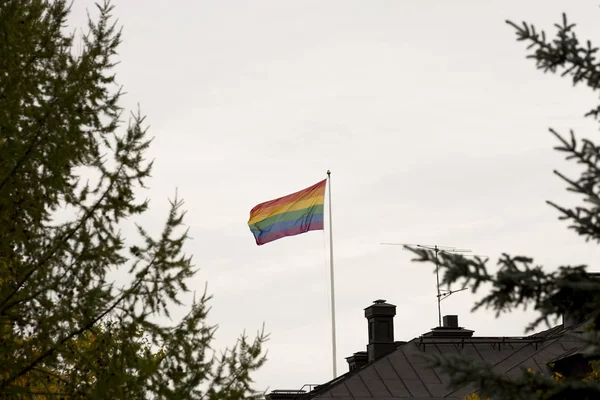 Bandera Del Arco Iris Ondeando Viento Tejado Con Cielo Nublado — Foto de Stock