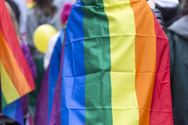 Persona Que Lleva Bandera Del Arco Iris Sobre Los Titulares — Foto de Stock