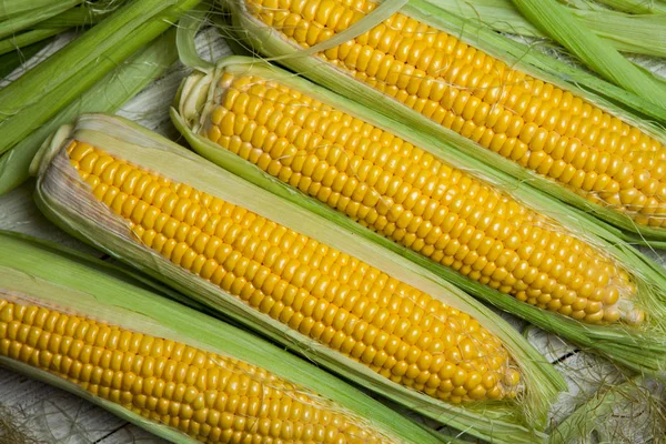 Taze mısır koçanı üzerinde rustik ahşap masa, yakın çekim. Tatlı Mısır kulakları arka plan