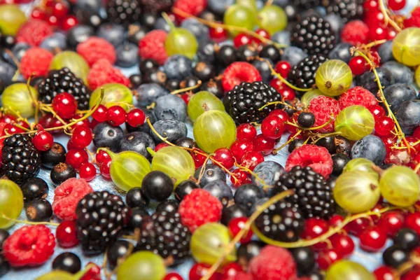 Çeşitli taze yaz meyveleri. Üstten görünüm. Çilek meyve renk gıda dessertberries karıştırın. Antioksidan, detoks diyet, organik meyve.
