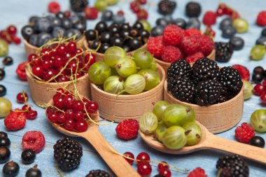 Çeşitli taze yaz meyveleri. Üstten görünüm. Çilek meyve renk gıda dessertberries karıştırın. Antioksidan, detoks diyet, organik meyve.