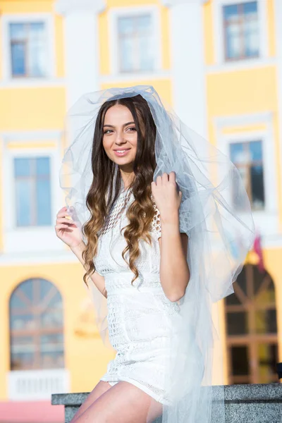 Mody Zdjęcie Pięknej Narzeczonej Szczęśliwa Panna Młoda Białej Sukni Stylowe — Zdjęcie stockowe