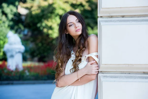 Fashion Photo Beautiful Bride Happy Bride Stylish White Dress Stylish — Stock Photo, Image