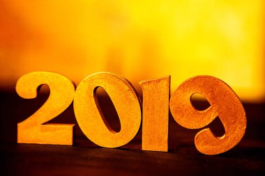 Yeni yıl kavramı. Happy New Year Banner altın 2019 numaraları ile. Yaratıcı arka plan 2019. 