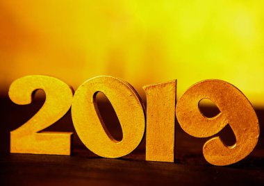 Yeni yıl kavramı. Happy New Year Banner altın 2019 numaraları ile. Yaratıcı arka plan 2019. 