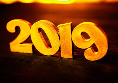 Yeni yıl kavramı. Happy New Year Banner altın 2019 numaraları ile. Yaratıcı arka plan 2019. 