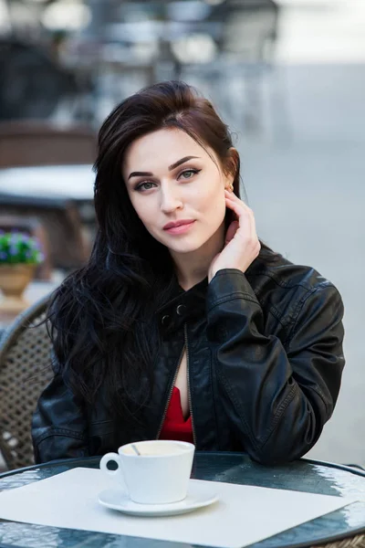 Outdoors Fashion Portrait Young Beautiful Girl Drinking Coffee Close Portrait — стоковое фото