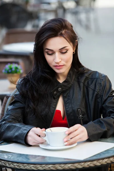 Outdoors Fashion Portrait Young Beautiful Girl Drinking Coffee Close Portrait — стоковое фото