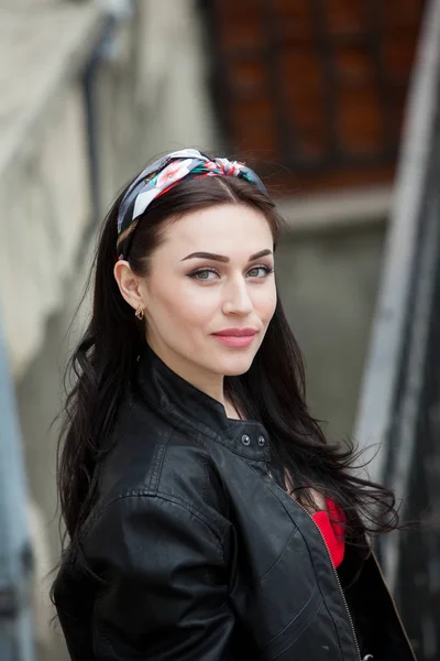 Fashion Model Black Leather Jacket Posing Outdoor Outdoor Portrait Young — Stock Photo, Image