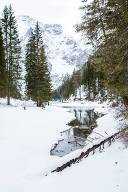 Alpler'de Güzel dağ gölü Manzara. Dolomites dağlarında Braies Gölü. Göl ormanlarla çevrilidir. Lago di Braies, İtalya.
