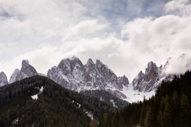 İlkbaharda güzel güneşli bir günde çiçek açan taze yeşil çayırları ile Alpler'de güzel dağ manzarası. İtalya'da Dolomiti montains. Avrupa'da ilkbaharda peyzaj.