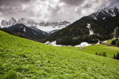 İlkbaharda güzel güneşli bir günde çiçek açan taze yeşil çayırları ile Alpler'de güzel dağ manzarası. İtalya'da Dolomiti montains. Avrupa'da ilkbaharda peyzaj.