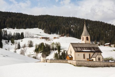 İlkbaharda güzel güneşli bir günde çiçek açan taze yeşil çayırları ile Alpler'de güzel dağ manzarası. İtalya'da Dolomiti montains. Avrupa'da ilkbaharda peyzaj.