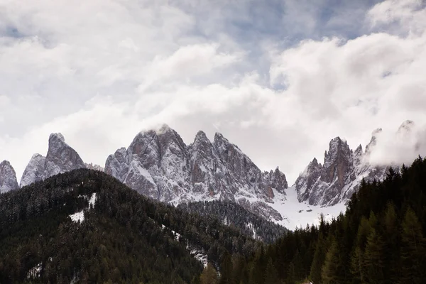 İlkbaharda güzel güneşli bir günde çiçek açan taze yeşil çayırları ile Alpler'de güzel dağ manzarası. İtalya'da Dolomiti montains. Avrupa'da ilkbaharda peyzaj.