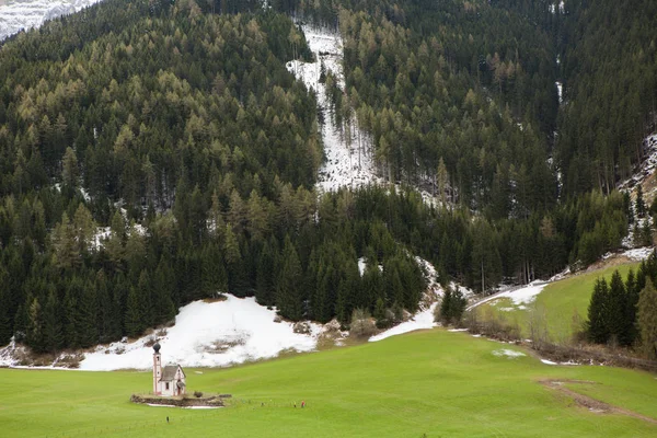 阿尔卑斯山美丽的山景 春天阳光明媚的一天 清新的绿色草地盛开 意大利的多洛米蒂 蒙塔因斯 欧洲春季的风景 — 图库照片