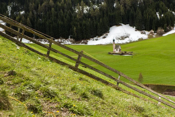 春の晴れた日に咲く新緑の草原とアルプスの美しい山の風景 イタリアのドロミティ モンタン ヨーロッパの春の風景 — ストック写真