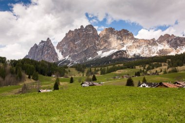 İlkbaharda güzel güneşli bir günde çiçek açan taze yeşil çayırları ile Alpler'de güzel dağ manzarası. İtalya'da Dolomiti montains. Avrupa'da ilkbaharda peyzaj. 